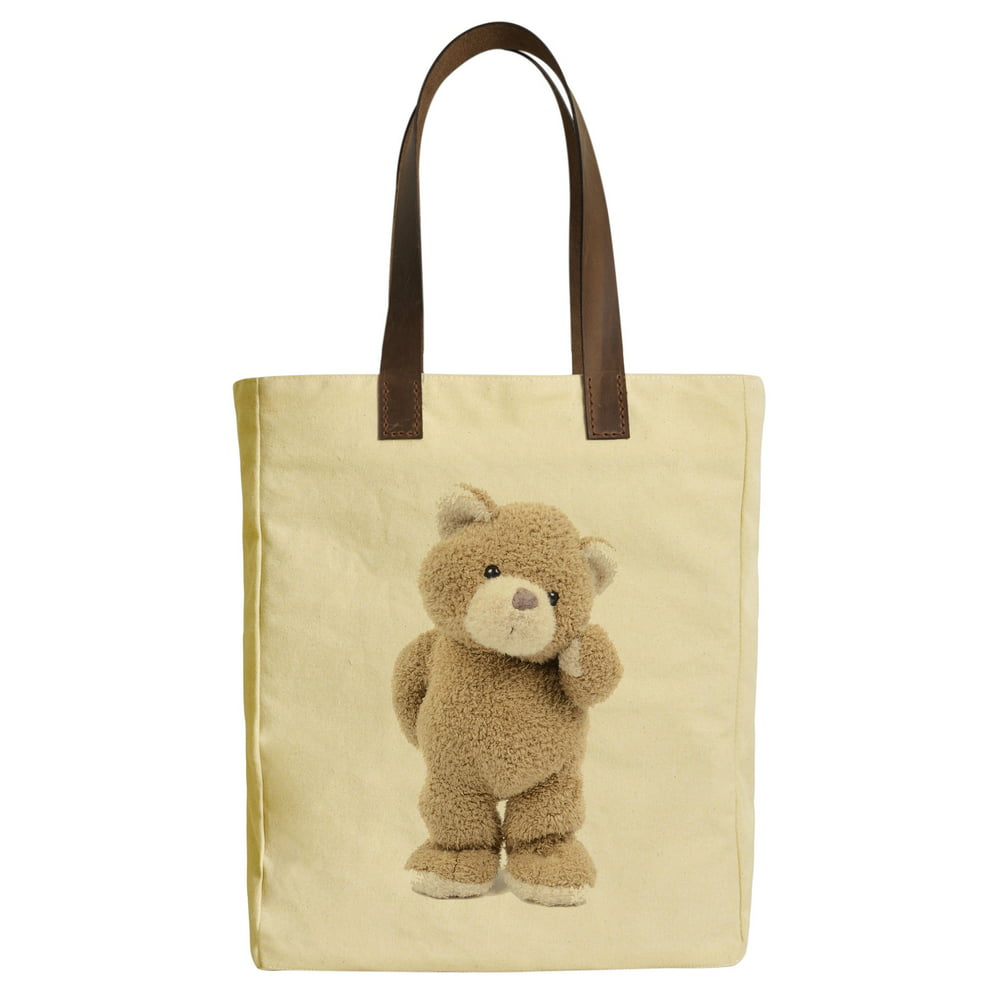 New - Women Teddy Bear 6 Beige Print Canvas Tote Bags Leather Handles ...