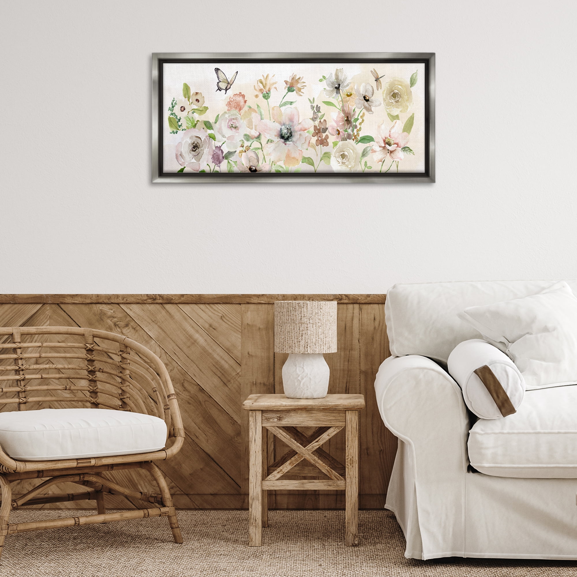Stupell Industries Fluttering Insects & Florals Plants & Flowers Painting Gray Floater Framed Canvas Art Print Wall Art, 31 x 14