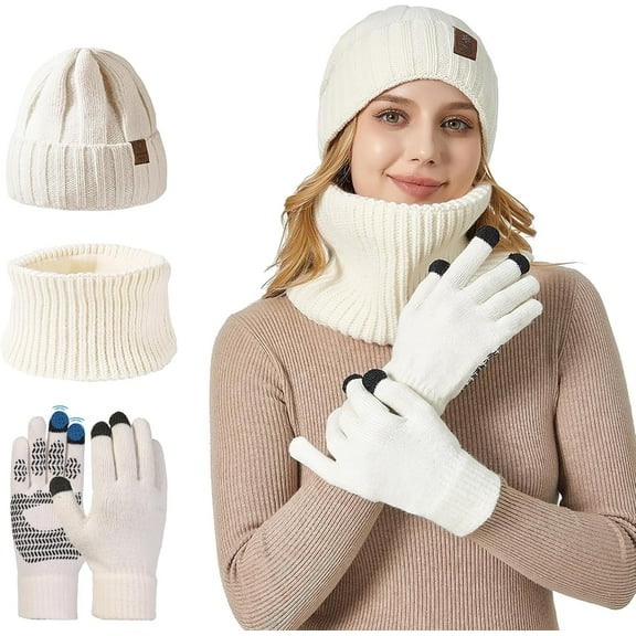 Winter Hat Scarf and Gloves Set Men Women, Knitted Thermal Beanie Hat Fleece Lining Neck Warmer Snood Warm Touchscreen Gloves Gift Set, Cold Weather Set 3 in 1 Outdoor Skiing Cycling Hiking