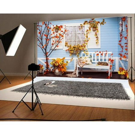 Image of HelloDecor Courtyard Backdrop 7x5ft Photography Backdrop Flowers Bench Wood Wall Cat Window Autumn Tree Studio Photos Video Props Children Baby Kids Portraits