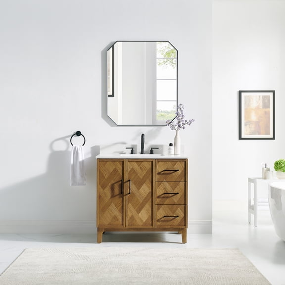 Clara 36"  Wood Vanity in Weathered Brown with Calacatta Quartz Top No Mirror