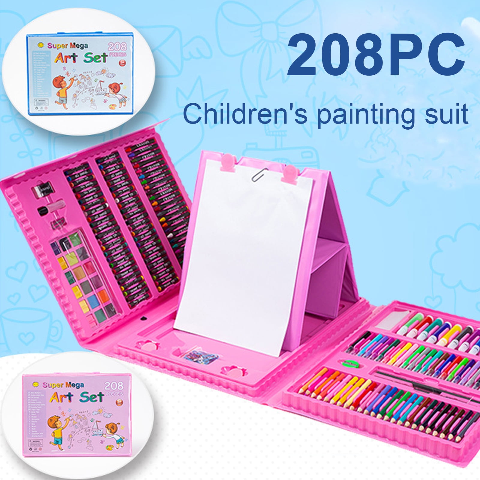 208Pcs Kids Drawing Kit, Integrated Easel, Cartoon Design, Multi Purpose  Colored Crayons, Perfect Gift For Coloring Painting 