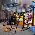 thumbnail image 2 of Full Size Black Metal Gaming Loft Bed w/ Desk, LED, Open Wardrobe, & Storage - Space-Saving Design for Bedroom/Dorm, 77.56"L x 56.38"W, 2 of 23