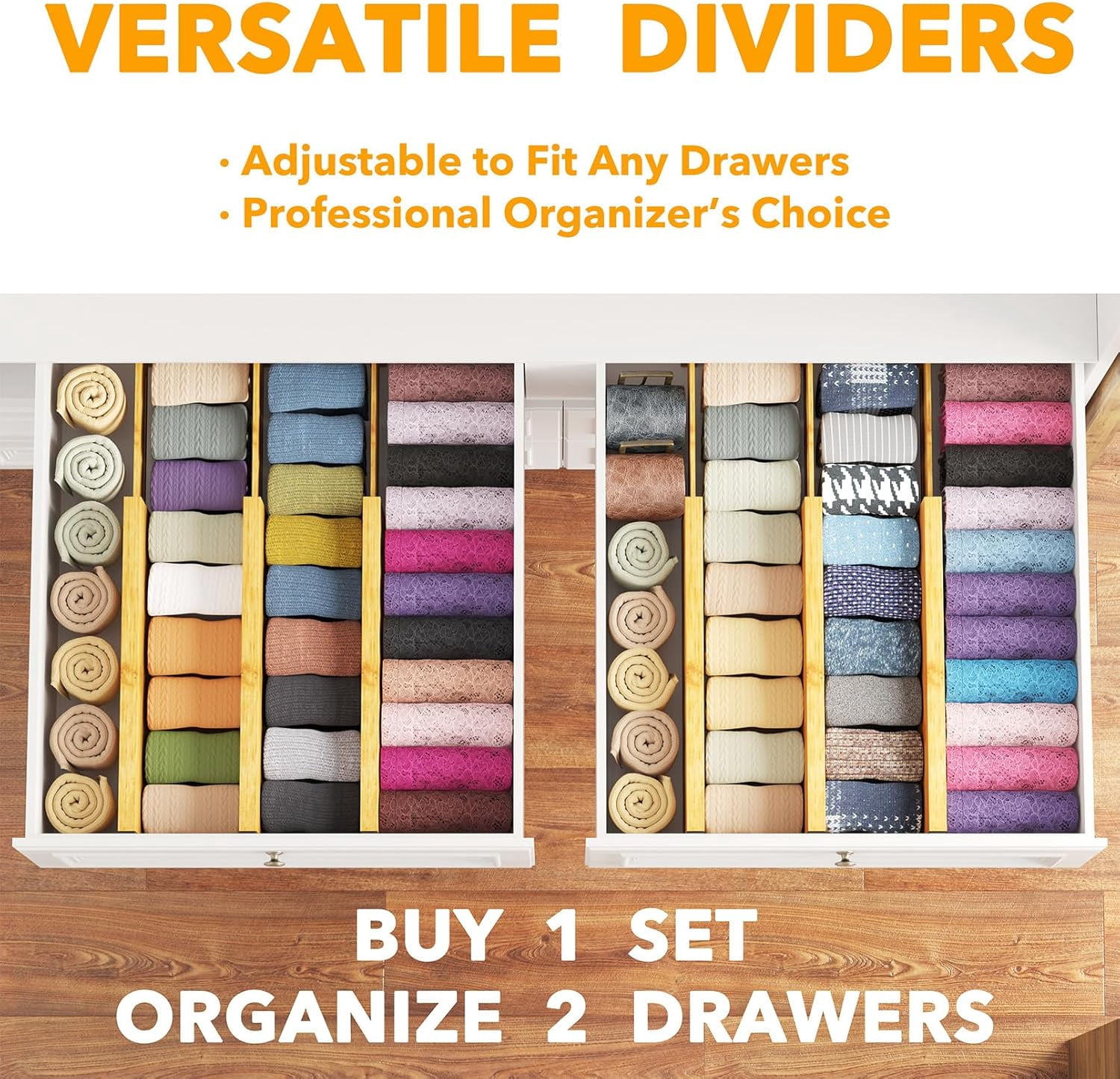 SpaceAid Bamboo Dresser Drawer Dividers 6 Pack, 4.65“ High Adjustable 12.5“-17” Drawer Organizers for Clothing