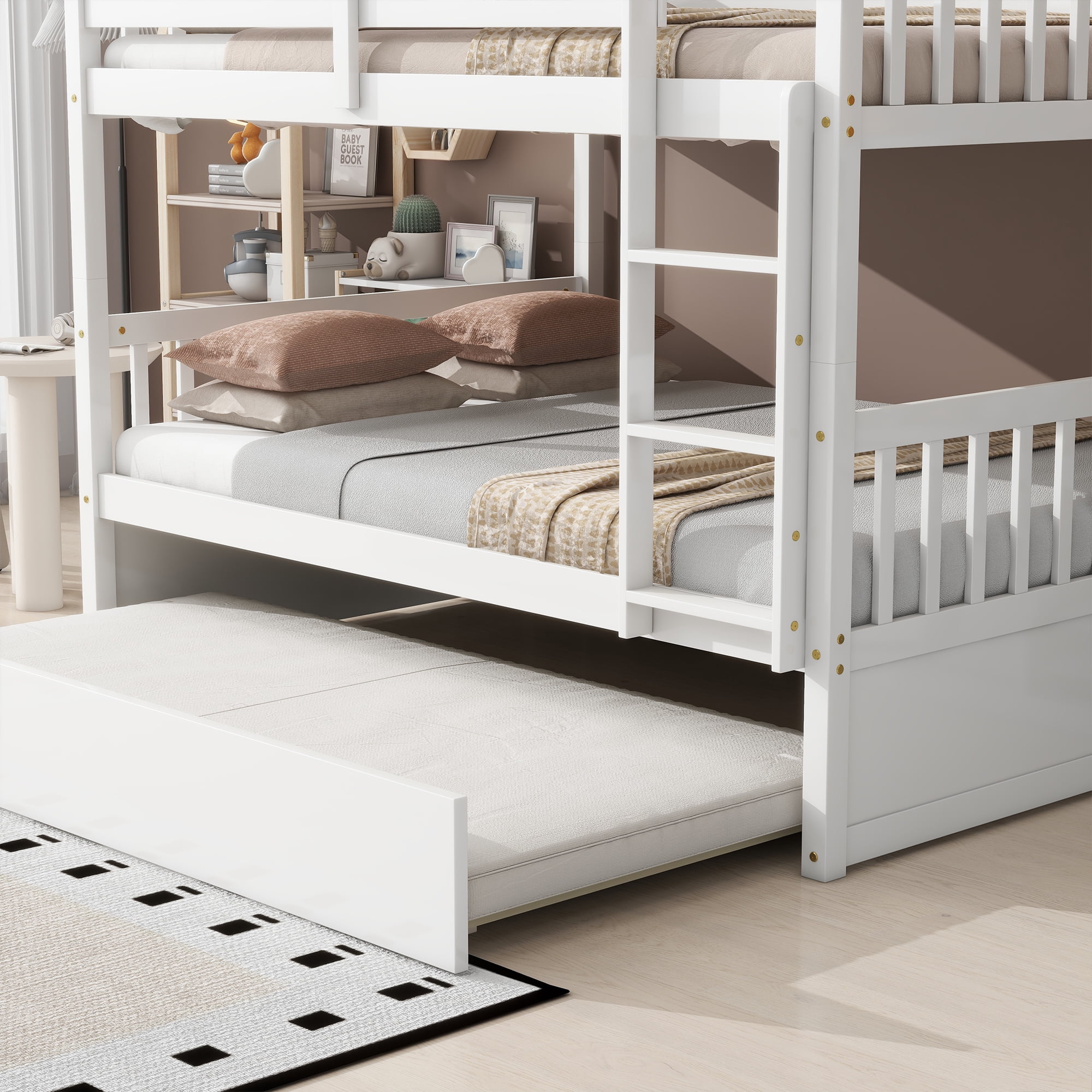 Leumius Full Over Full Size Bed Frame with Trundle, Ladder and Guardrails, Convertible to 2 Full Size Beds, Rubber Wood Bed with Twin Size Trundle for Boys Girls White