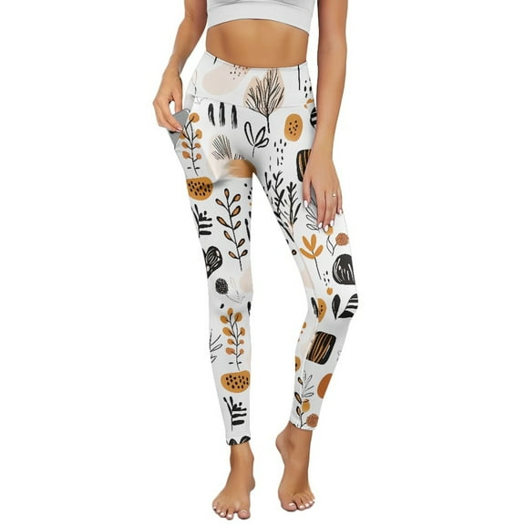 Renewold Abstract Boho Geometric Art Leaf Yoga Pants for Women with Pockets Full Length Workout Leggings High Waist Tummy Control Lounge Pants Activewear Fashion Womens Leggings, XS