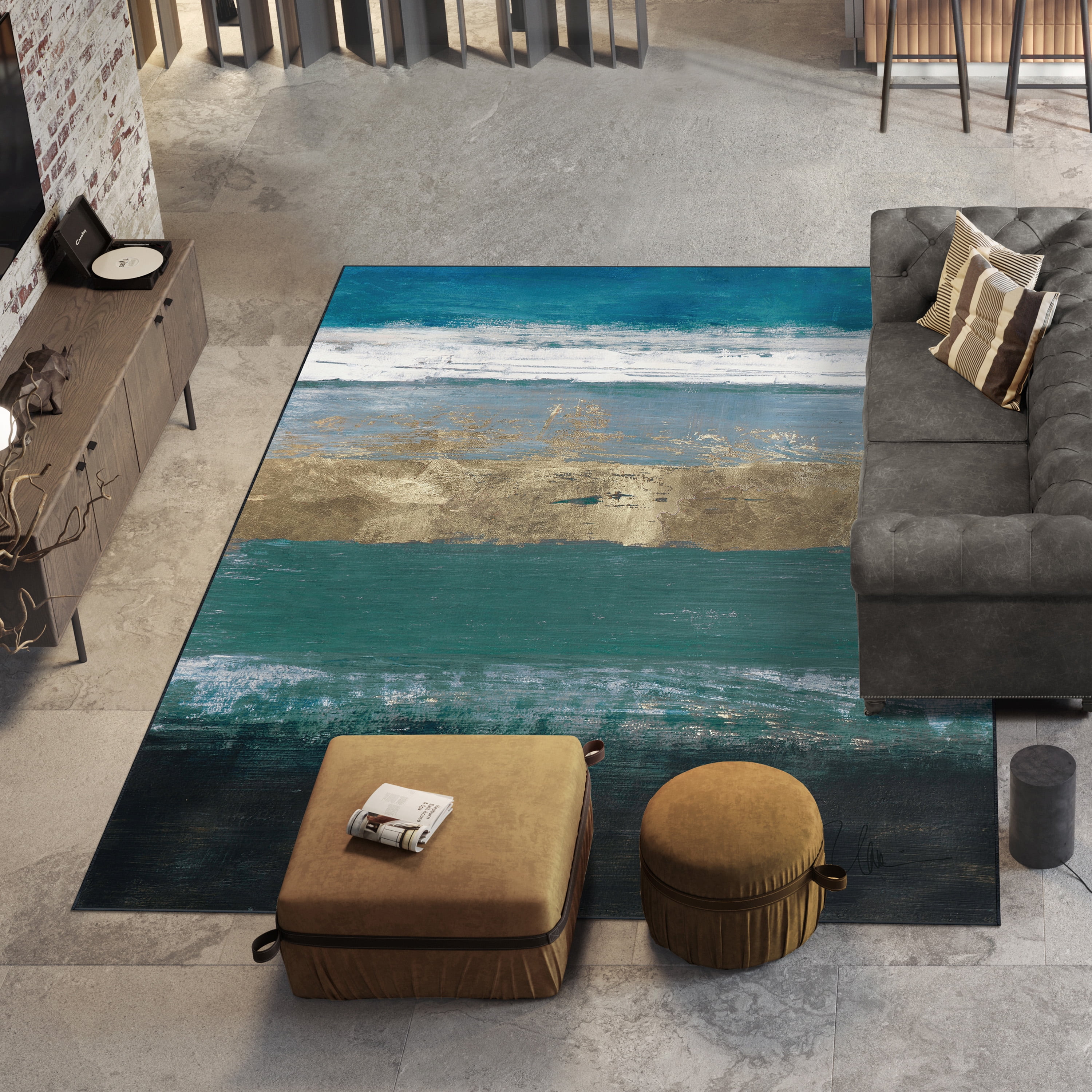 Horizons Across the Blue Washable Color Block Art Area Rug size 8'x10', Power-loomed, Heavenly Softness with Non-Slipping Backing