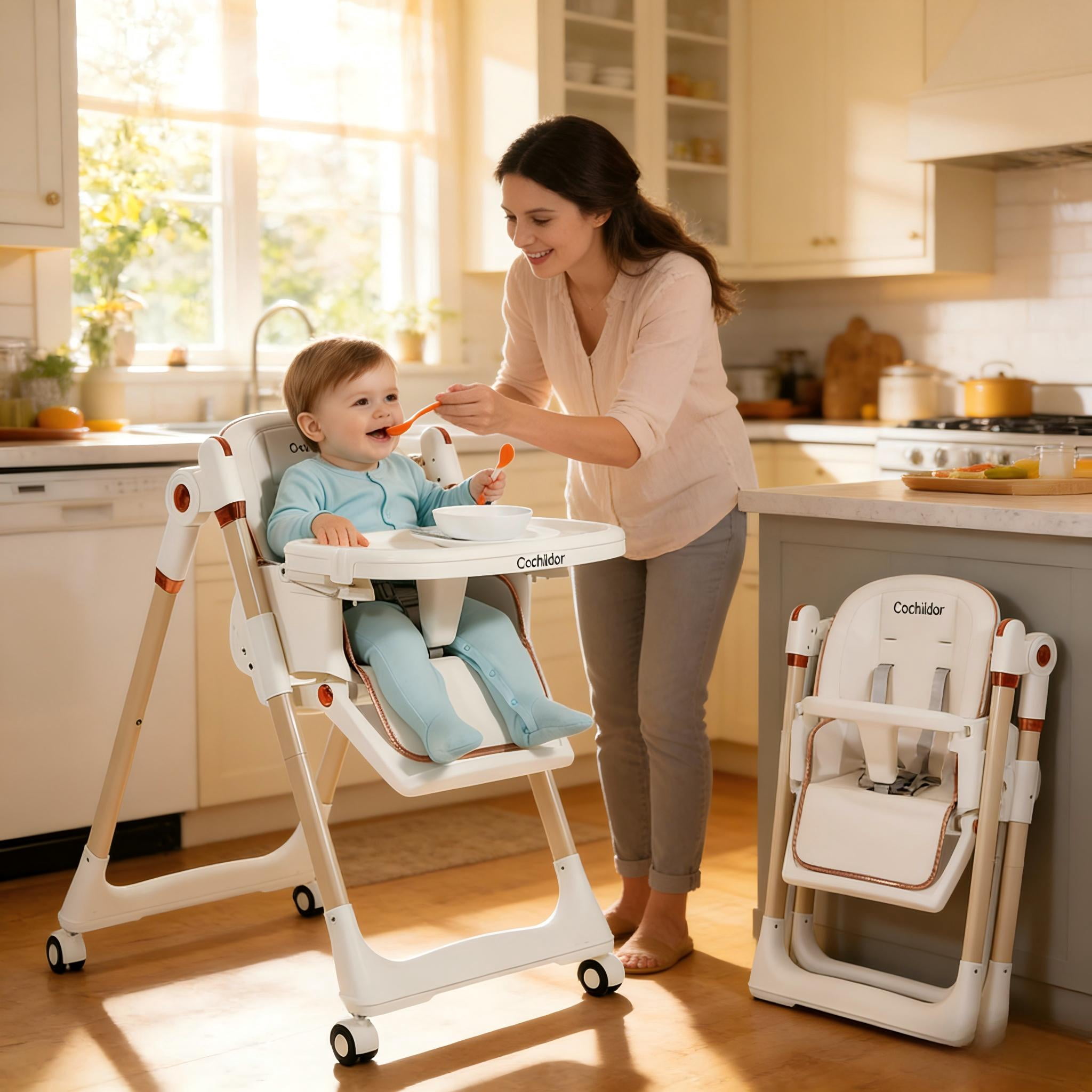 Clearance Cochildor Foldaway 3-in-1 High Chair for Babies & Toddlers, with 5 Point Harness, Tray, Foot Rest and Wheels, White
