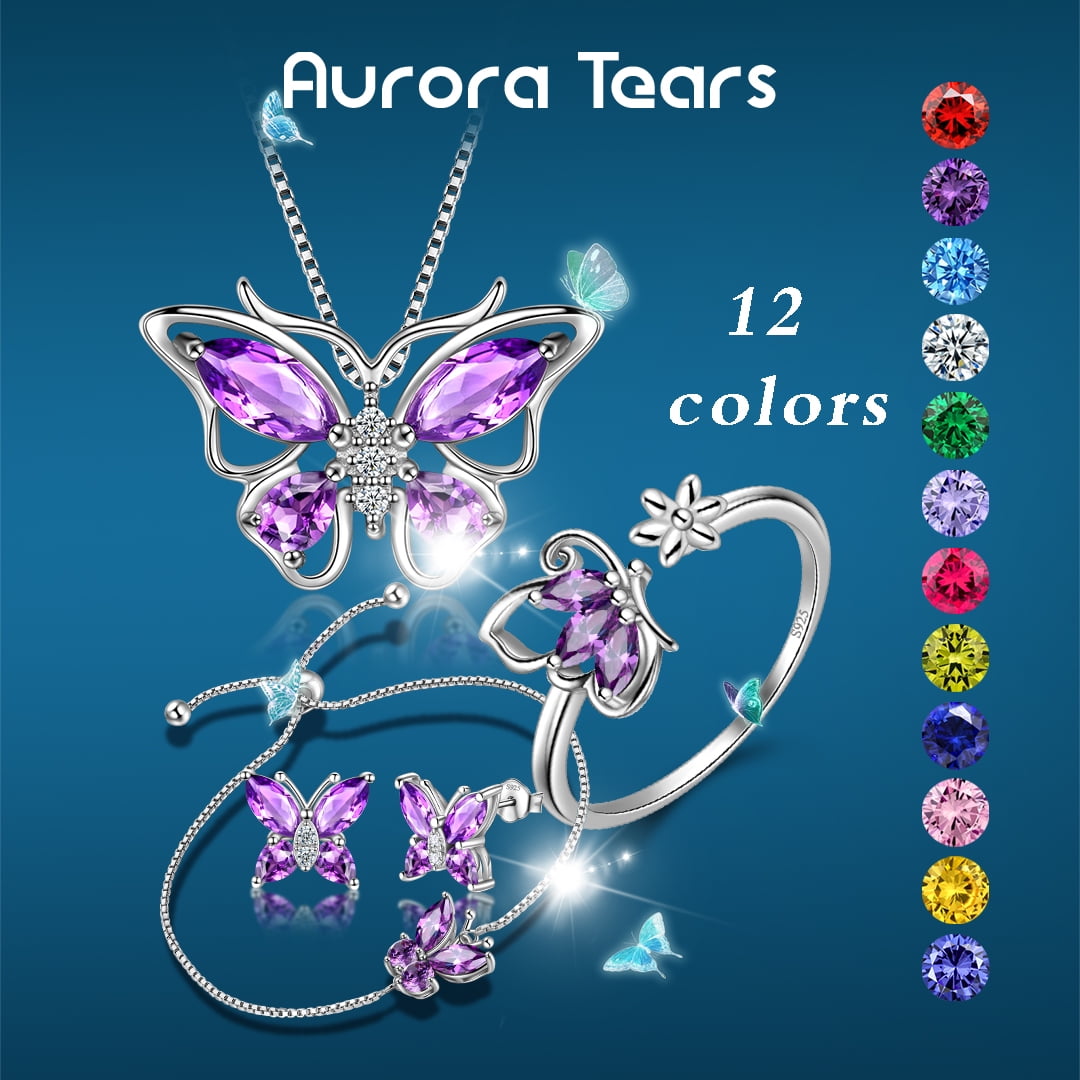 February Birthstone Jewelry Set Amethyst Purple Butterfly Fine Necklace/Earrings/Ring/Bracelet Sterling Silver Women Birthday Mother's Day Gifts