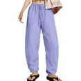 thumbnail image 2 of Women's Baggy Wide Leg Palazzo Pants Harem Pants Petite Linen Pants Drawstring Boho Barrel Sweatpants Summer Casual Flowy Breathable Trousers Beach Vacation, Spring Summer Fall, Purple L, 2 of 9