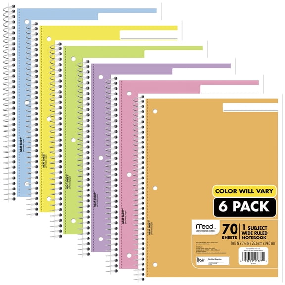 Mead Spiral Notebook 1 Subject Wide Ruled 70 Sheets 8 x 10 12 6 Pack Colors Will