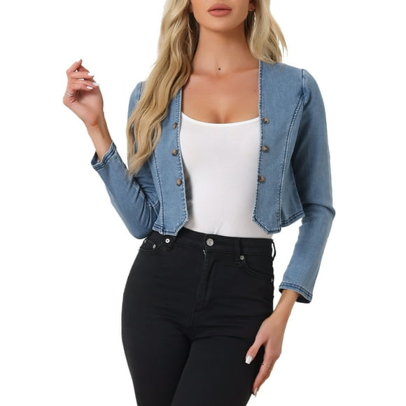INSPIRE CHIC Veste Courte en Denim pour Femme, Boléro Décontracté Sans Col à devant Ouvert, S Bleu