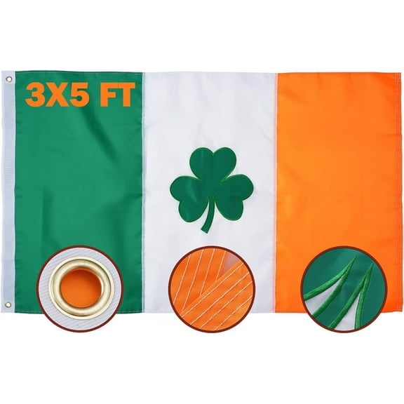 Irish Shamrock Flag 3x5 Feet, Heavy Duty Ireland Republic Flags Sewn Stripes Large Flags Heavy Duty for St Patricks Day with 2 Brass Grommets 4 Stitching Rows Outdoor Vivid Color