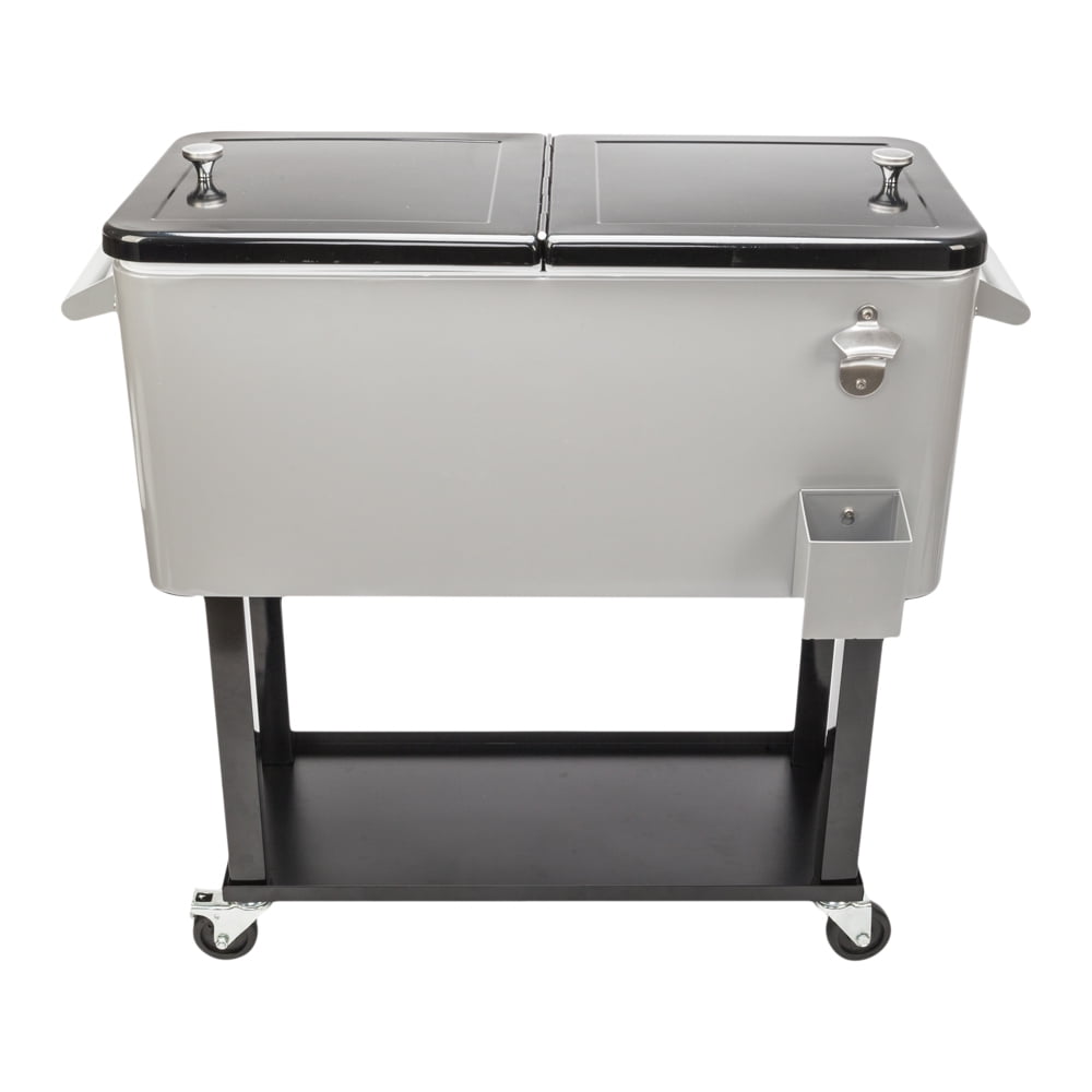 SYNGAR 80 Quart Rolling Cart on Wheels, Portable Ice Chest with Shelf, Bar Drink Cooler, Beverage Cooler with Bottle Opener and Drain Plug, for Party Patio Poolside Camping, Silver, D7208