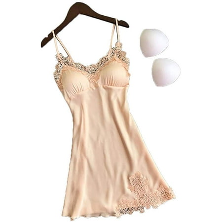Puloru Women Nightwear Babydoll Sleepwear Summer Sexy Lace Satin Sleep Dress