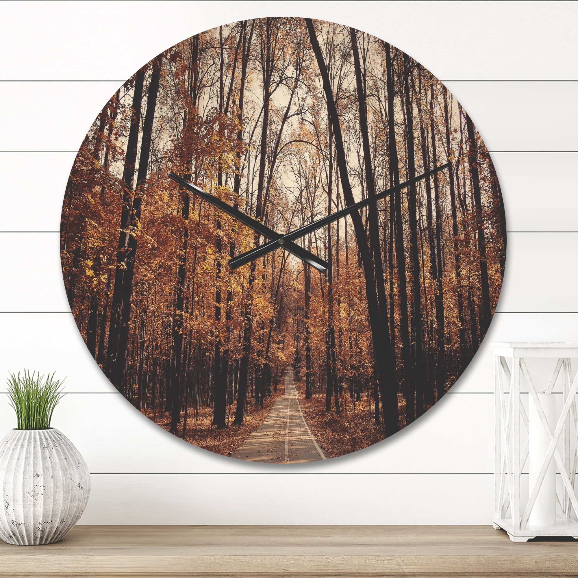 Designart 'Road in Golden Autumn Forest ' Modern Wood Wall Clock
