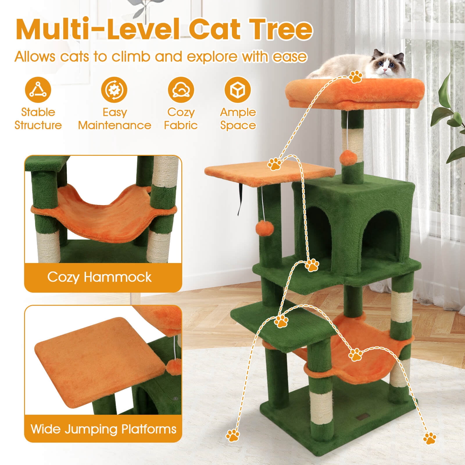 Costway 44” Tall Multi-level Cat Tree, Modern Cat Tower with 2-Entrance Large Cat Condo Green Orange