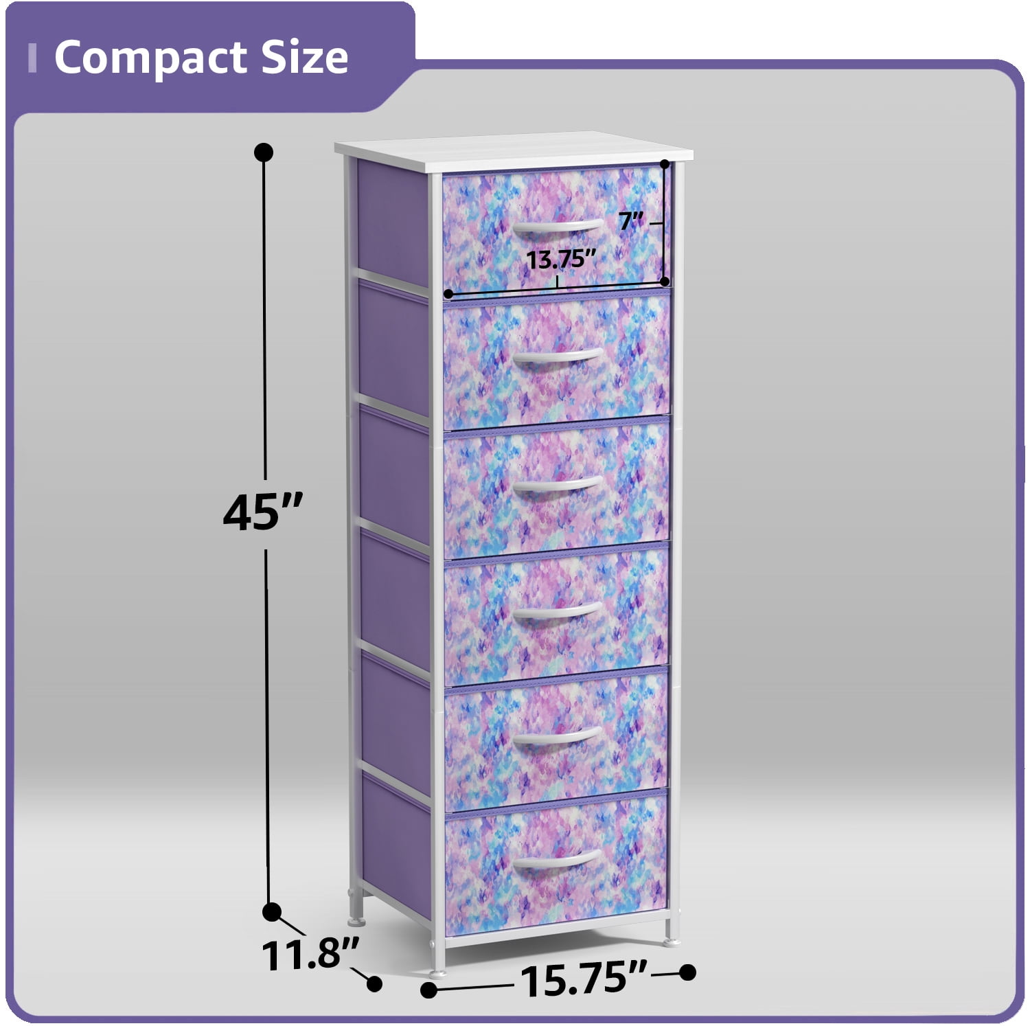 Sorbus 6-Drawer Dresser – Tie-Dye Purple Fabric Storage Tower for Kids Bedroom, Nursery, Closet