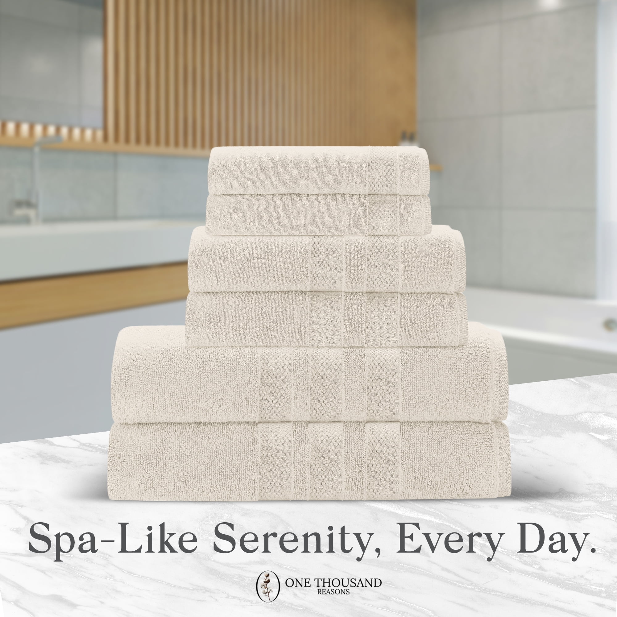 One Thousand Reasons Superior Zero Twist 3 Stripe Towel Set | Bath, Gym, Hand Towels | Luxury & Soft Cotton - Sand (6 Pieces)