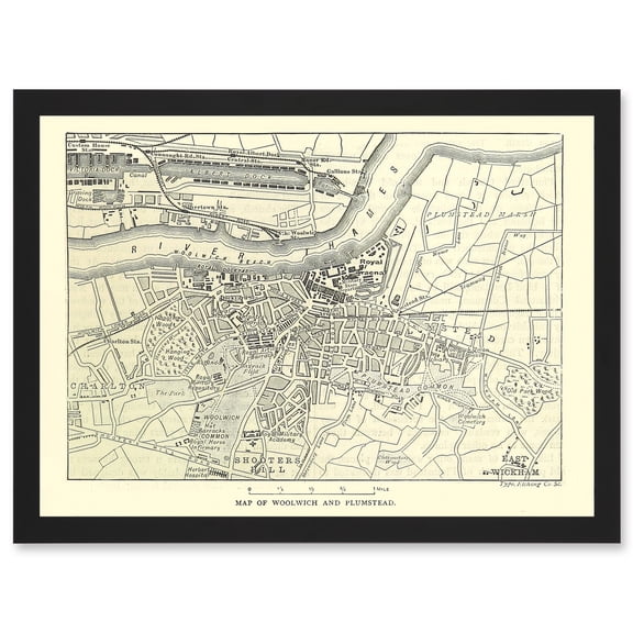 Map Antique Woolwich Plumstead London River Thames Artwork Framed Wall Art Print A4