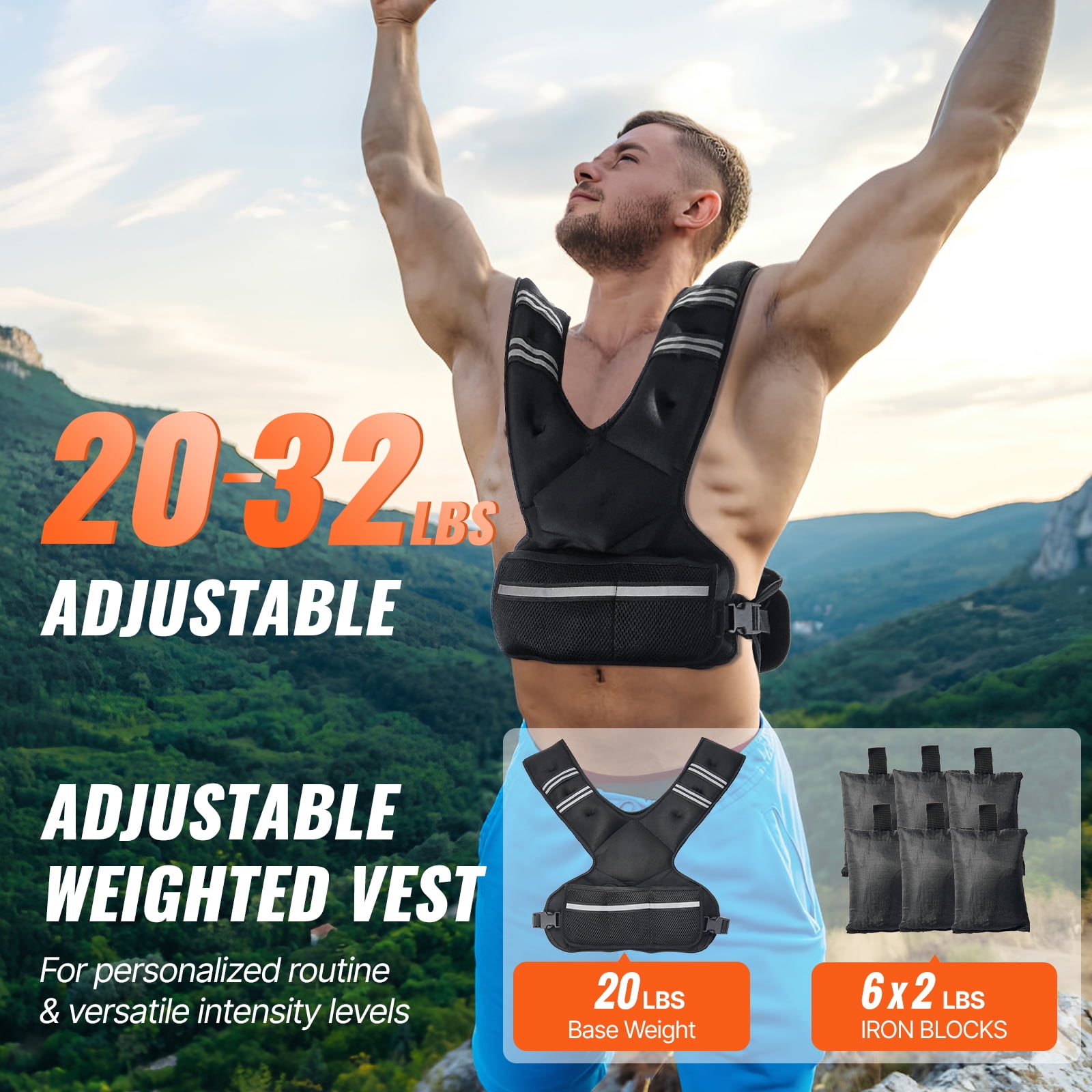 KFFKFF Weight Vest, Adjustable 20-32lbs, Includes 6 Ironsand Weights, Designed with Reflective Stripes, Ideal for Both Men and Women, Enhances Workouts for Strength, Running, and Jogging