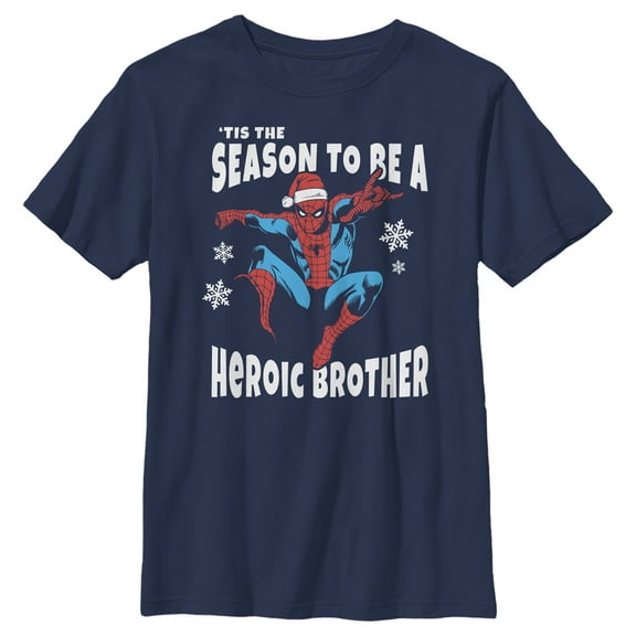 Boy's Marvel Christmas Spider-Man Heroic Brother Graphic Tee Navy Blue X Large