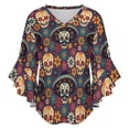 thumbnail image 5 of Colorful Collection Of Skulls And Flowers Women's V-Neck Blouse With 3/4 Ruffled Bell Sleeves Casual Top Ladies Blouses, 5 of 7
