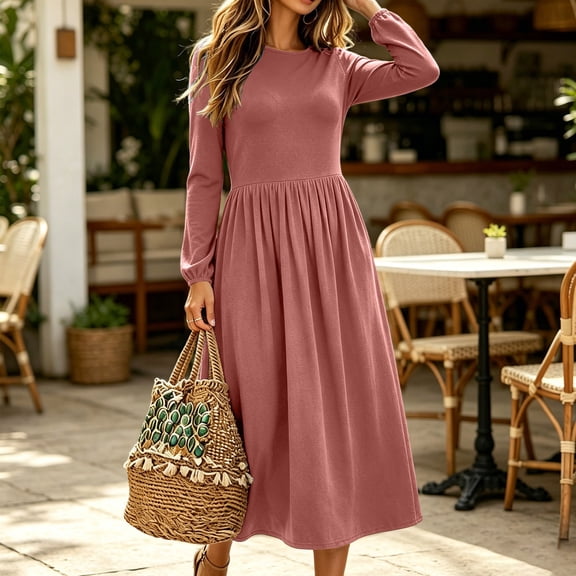 Guieoi Dresses for Women 2026 Fall Winter Round-Neck Long-Sleeve Dress with Pockets and Cuffed Sleeves Pink XL