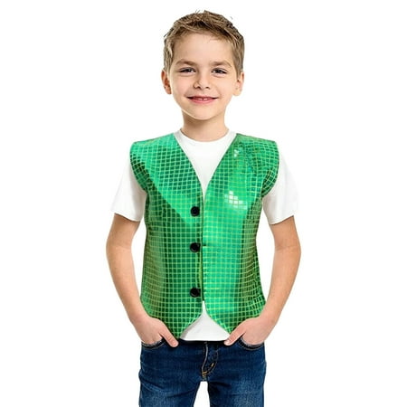 ZHOUCHANKIDS Kids Sequin Vest Sparkly V Neck Shiny Waistcoat for Boys Girls Disco Party Vest Prom Mardi Gras Carnival Green 1-2Years