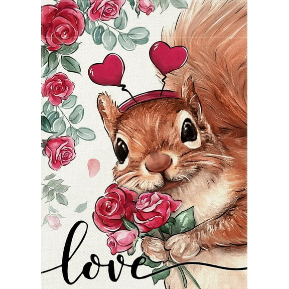 Valentine''s Day Love Squirrel Decorative Garden Flag, Rose Flowers Floral Red Heart Yard Outside Decorations, Anniversary Wedding Holiday Burlap Outdoor Small Home Decor Double Sided 12 x 18