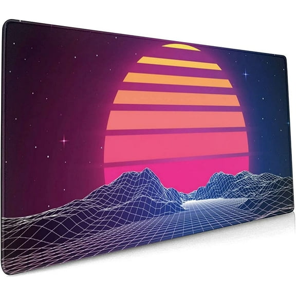 Retro Neon Sunset Synthwave Extended Mouse Pad 35.4x15.7 Inch XXL Retrowave Vaporwave Non-Slip Rubber Base Large Gaming Mousepad Stitched Edges Waterproof Keyboard Mouse Desk Pad for Office Home