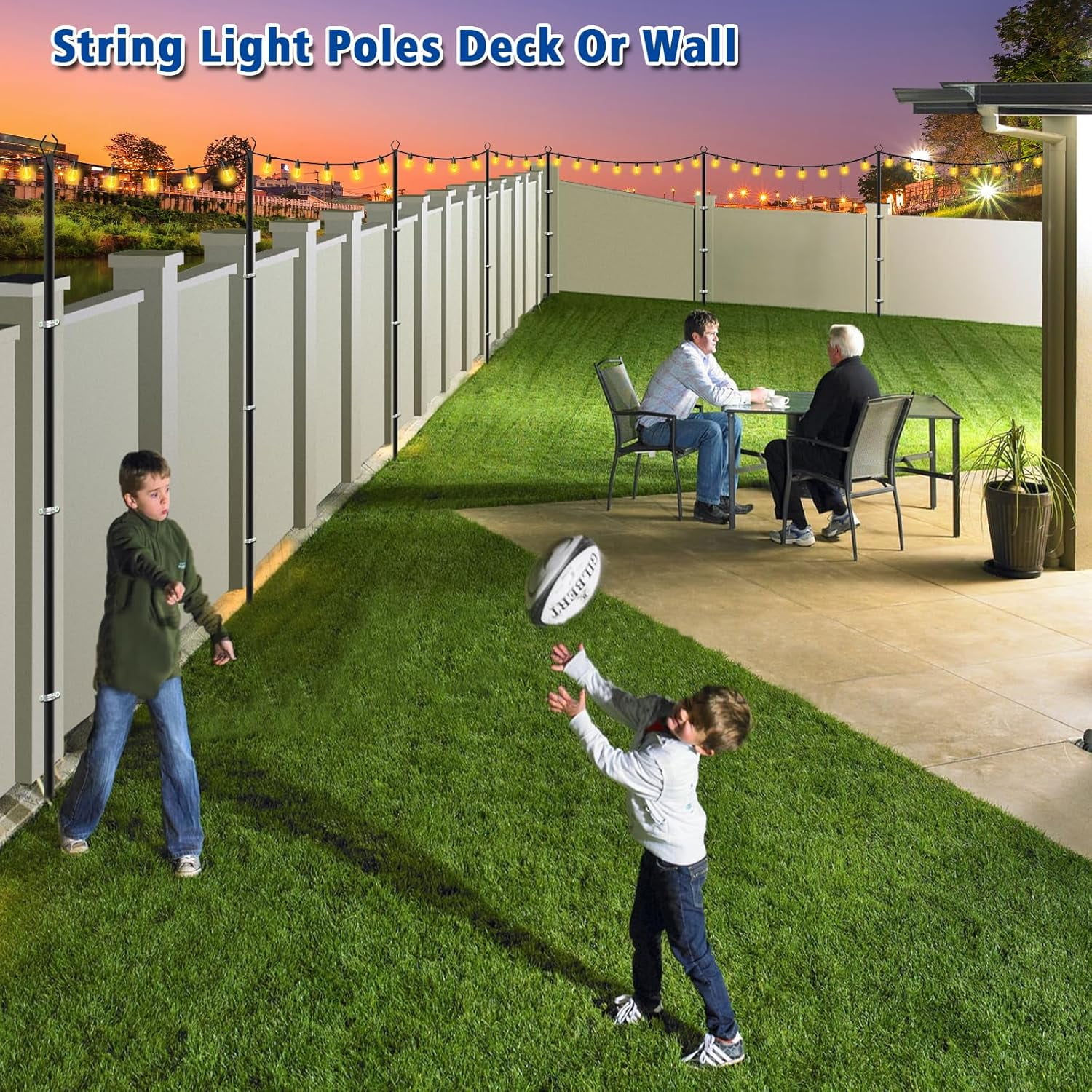 2 Pack 10Ft String Light Poles for Patio, Deck, Backyard and Outdoor, Heavy-Duty Metal Poles with Fork Brackets, Weather-Resistant & Adjustable Height, Easy Installation, Black