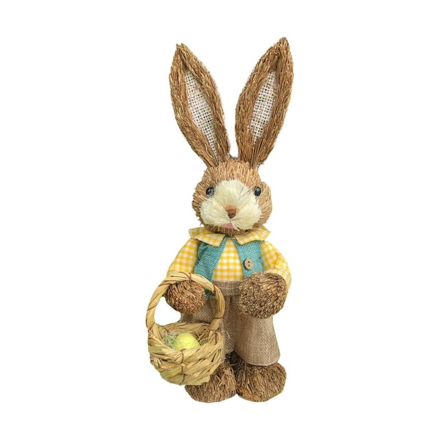 Estatuilla de conejo tejida de paja de pie, estatua de conejo, escultura de Pascua, accesorios de fotografía, manualidades para jardín, escritorio, Chica Ropa Amarilla perfecl Conejo de Pascua de paja