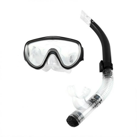 Anauto Resistant Tempered Glass Lens Mask Snorkel Mouthpiece Snorkeling Combo Set PVC Diving Glasses Breathing Tube Set(black)