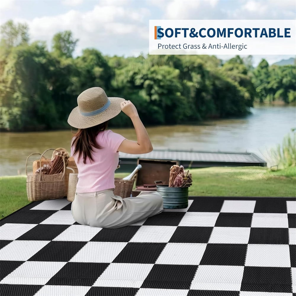Outdoor Rugs 8x10ft/9x12ft Plaid Reversible Plastic Straw Rugs, Easy Cleaning Checkered Camping Carpet, Lightweight Outside Floor Mat for Picnic, Patio, RV, Porch, Deck, Balcony, Beach