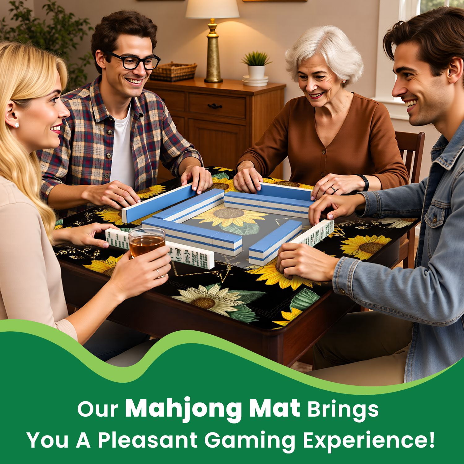 Mahjong Mat 31.5" x 31.5" Seamless golden polygonal shapes sunflowers Non-Slip Noise Reduction American Mahjong Tiles Table Cover for Dominoes Poker Card Board Games Gift