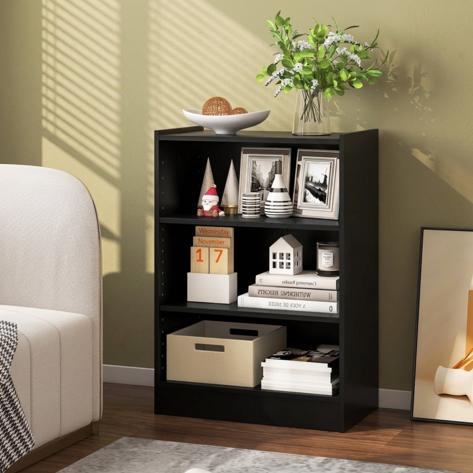 Furnibear 3-Tier Open Display Bookcase with 18-Position Adjustable Shelves Raised Cabinet Top and Anti-Toppling Device for Home Office, Black