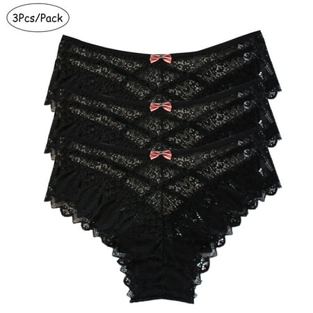 Penkiiy Underwear for Women 3pc Women Lingerie G-string Lace Briefs Underwear Panties T String Thongs Knick Black Underwear