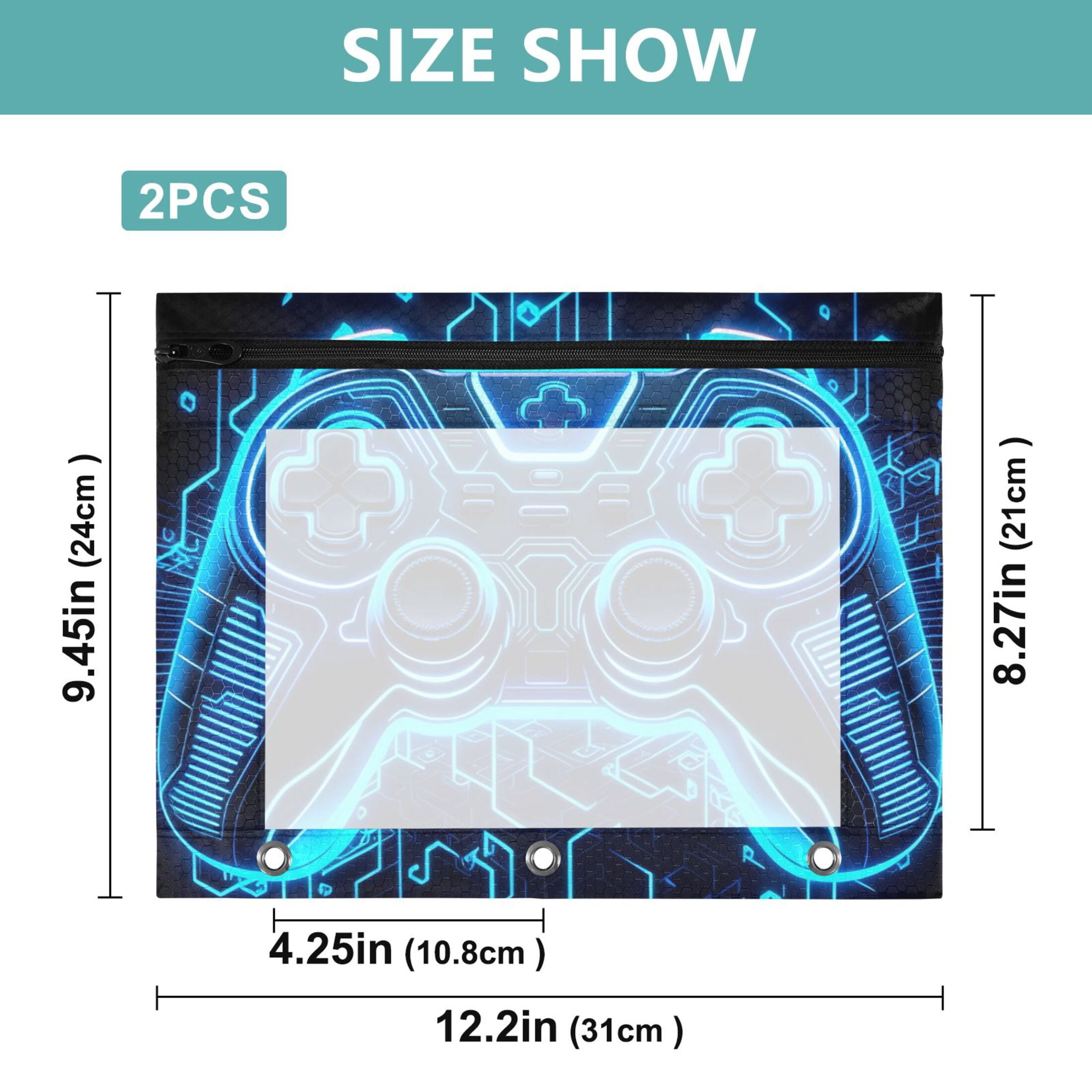 ALAZA Neon Game Controller Cool Pattern Pencil Pouch 3 Ring Binder with Clear Window Organizers Case Bag 2PCs