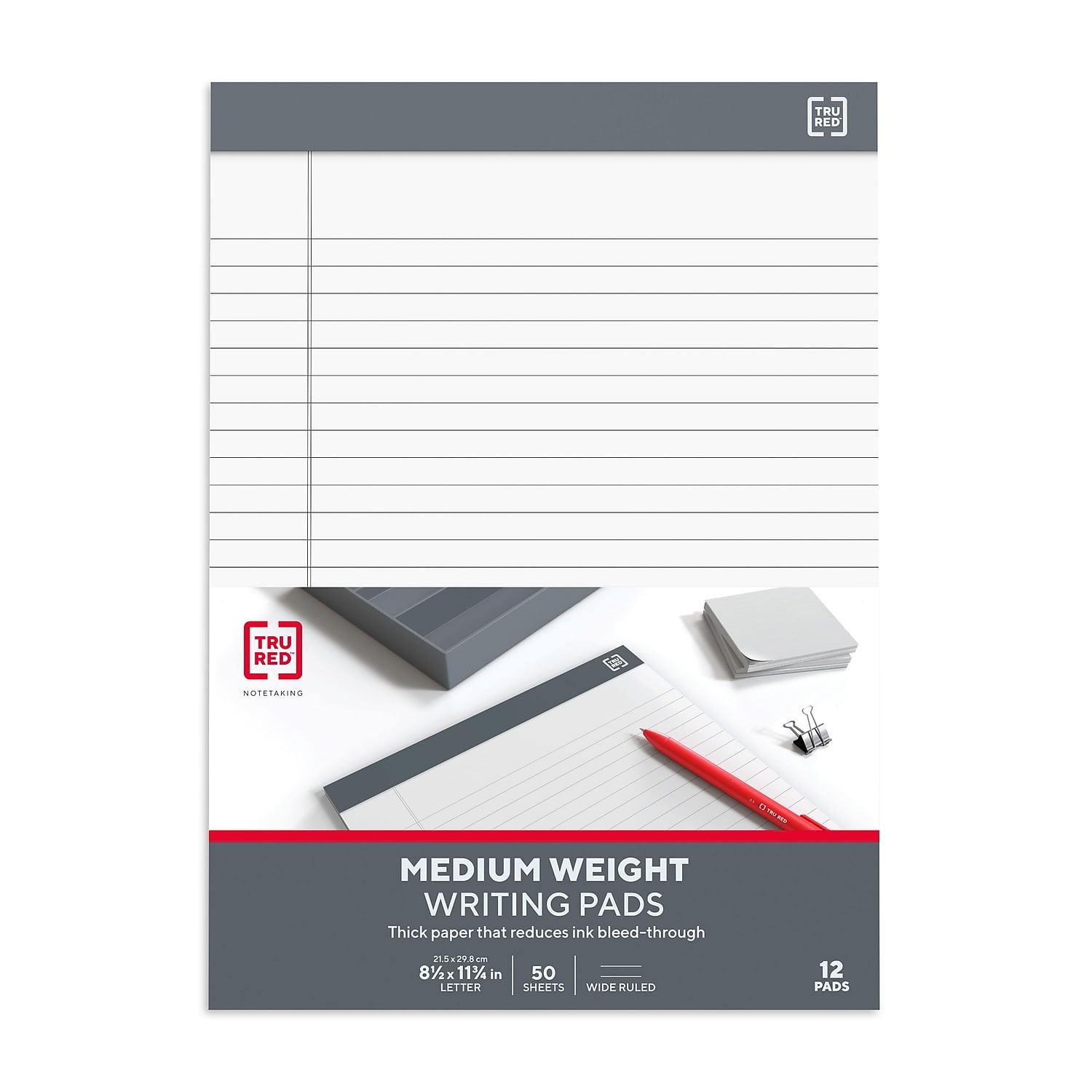Staples TRU RED Notepads 8.5" x 11.75" Wide Ruled White 50 Sheets/Pad 24/Carton TR59911/TR573VS