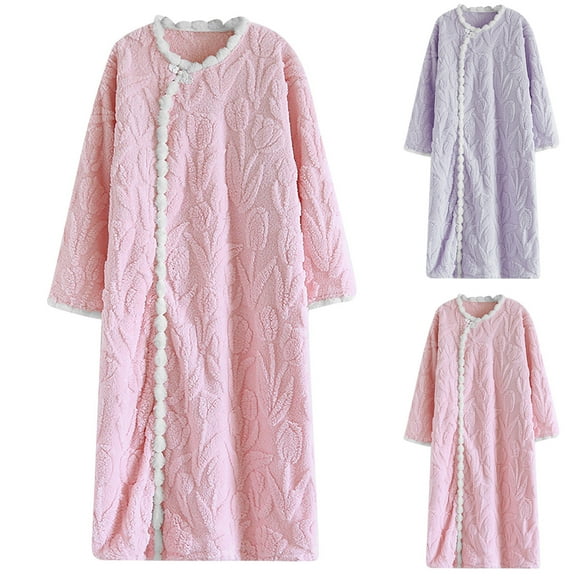 Bovxnpu Robes for Women, Women's Robe Fall And Winter Flannel Round Neck Long Sleeved Buttoned Home Nightgown