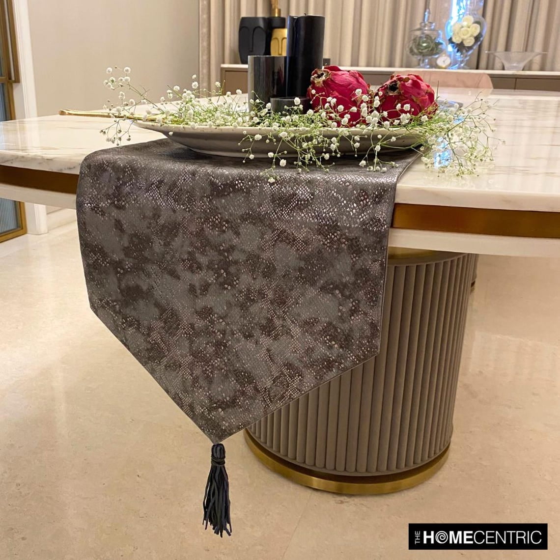 The HomeCentric Decorative Grey & Silver Table Runner Coffee Table Runner (14 x 36 inch), Metallic Leather, Animal Pattern, Tassels, Faux Leather fabric Table Linen, Animal Modern- Charcoal Chrome