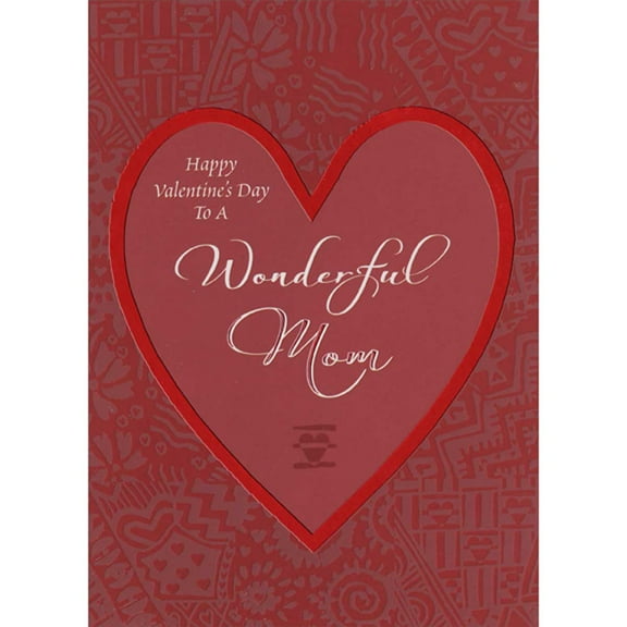 Designer Greetings White Text Inside Thick Red Foil Bordered Heart: Repeated Icons on Dark Red Background African American Valentine's Day Card for Mom