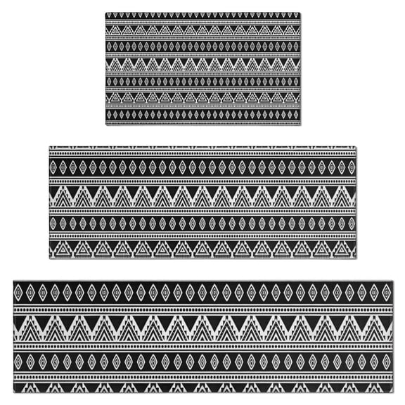 Black Geometric Triangle Diamond Pattern Kitchen Rugs Sets Of 3,Kitchen Runner Rugs Non Skid Washable,Decorative Kitchen Floor Mats for Kitchen,Sink,Laundry,17"x30" 17"x47" 17"x59"