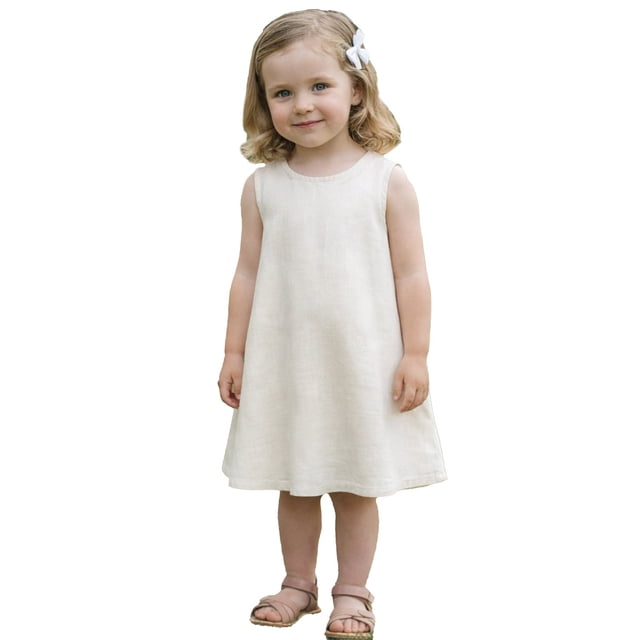 XQYLOS Robe d'Été Sans Manches pour Tout-Petits Filles Robes d'Été Sans Manches Col Rond Couleur Unie Coton Lin Respirant Robe Décontractée 1 à 8 Ans
