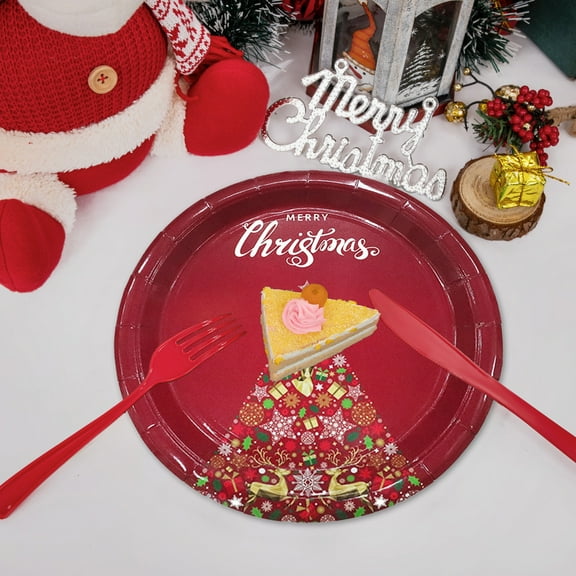 Vrorvz 10 Pack Tree Themed Long Lasting Disposable Tableware Set Christmas Plates Christmas Paper Plates Suit for Parties and Home Use 9.1in Red