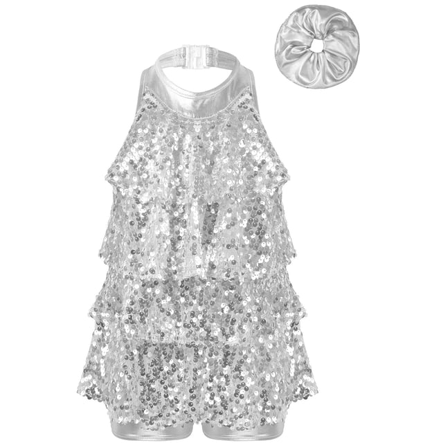 Rswnyirn Robe de Danse à Paillettes Salsa Rumba Samba Jazz Latin pour Filles avec Attache-Cheveux Argent 12