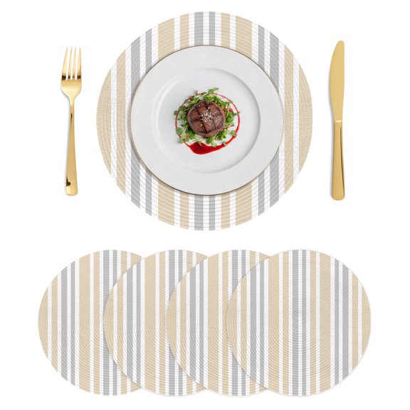 Round Placemats Khaki Stripes 15 inch Set of 4 Table Mats for Dining Table Grey Striped Lines Heat Resistant Non-Slip Kitchen & Home Decorative Place Mat Set