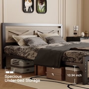 Behost Full Size Bed Frame, Farmhouse Wood Metal Platform Full Bed Frame with Headboard and 11 Underbed Storage