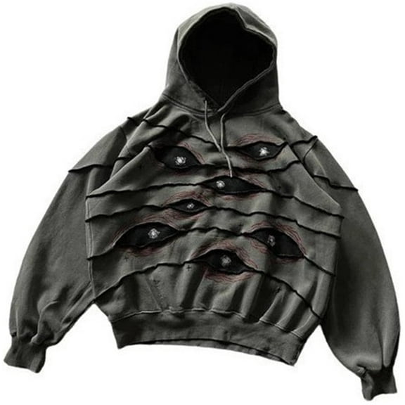 Silver Basic Men's Hoodie Y2K Eye Print Retro Halloween Jacket Pullover Cotton Embroidered Hoodie Suitable for Unisex L,BlackGrey-1
